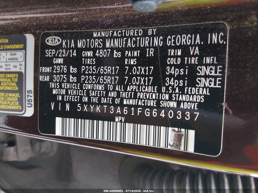 2015 Kia Sorento VIN 5XYKT3A61FG640337 IAAI salvage auction — NORMAL WEAR, Clear (Georgia), sold $2,175 on 2026-07-17 (photo 9)