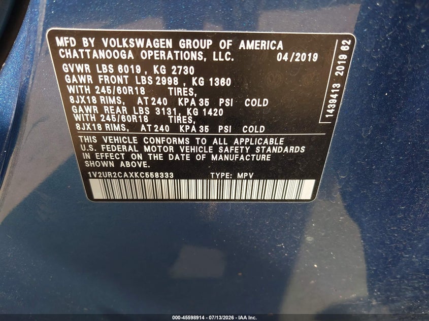 2019 Volkswagen Atlas VIN 1V2UR2CAXKC558333 IAAI salvage auction — FRONT END, Salvage (Ohio), sold $3,400 on 2026-07-28 (photo 9)