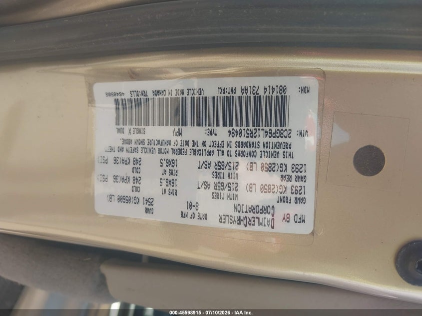 2002 Chrysler Town & country VIN 2C8GP64L12R510494 IAAI salvage auction — NORMAL WEAR, Clear (Colorado), sold $50 on 2026-07-22 (photo 9)