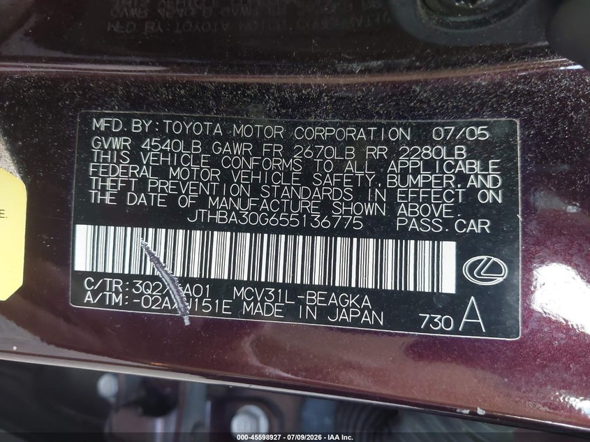 2005 Lexus Es 330 VIN JTHBA30G655136775 IAAI salvage auction — NORMAL WEAR, Clear (Virginia), sold $25 on 2026-07-14 (photo 9)