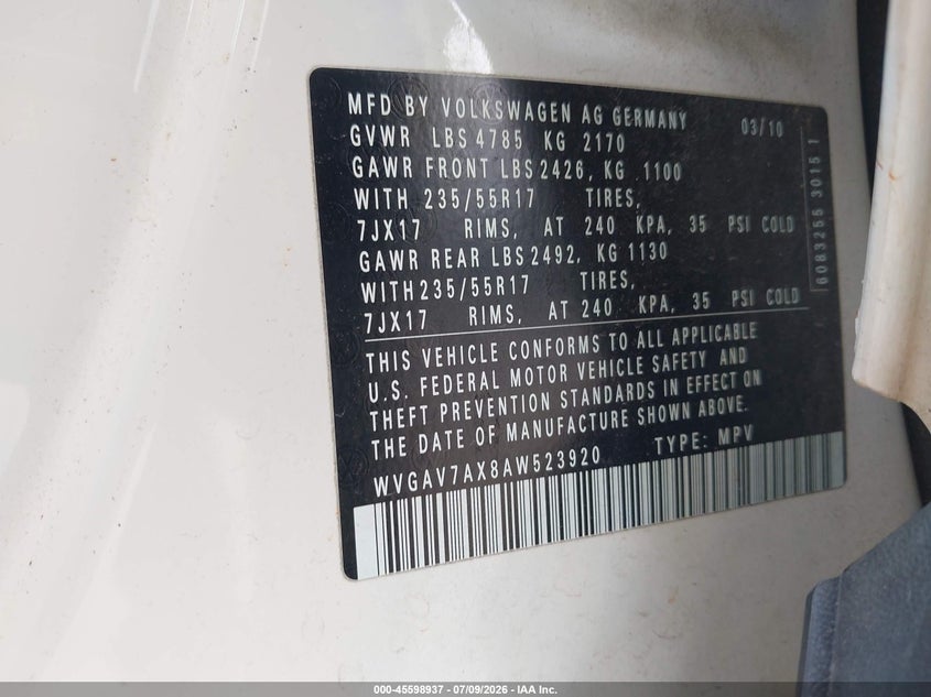 2010 Volkswagen Tiguan VIN WVGAV7AX8AW523920 IAAI salvage auction — FRONT END, Salvage (Georgia), sold $400 on 2026-08-13 (photo 9)