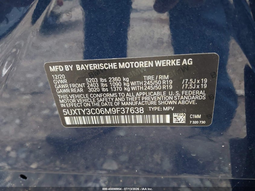 2021 BMW X3 VIN 5UXTY3C06M9F37638 IAAI salvage auction — FRONT END, Salvage (Georgia), sold $11,050 on 2026-09-04 (photo 9)