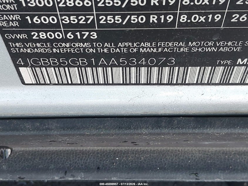 2010 Mercedes-benz Ml-class VIN 4JGBB5GB1AA534073 IAAI salvage auction — NORMAL WEAR, Original (Texas), sold $500 on 2026-07-17 (photo 9)