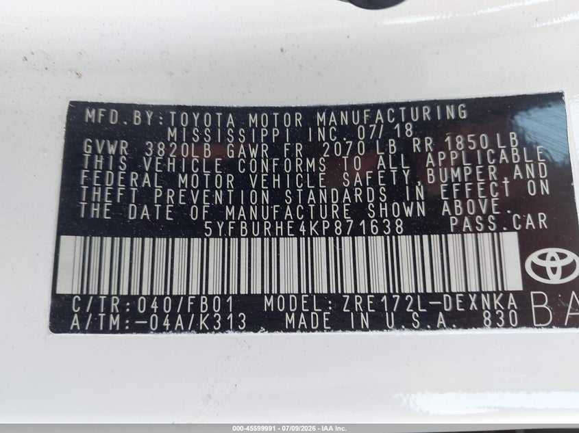 2019 Toyota Corolla VIN 5YFBURHE4KP871638 IAAI salvage auction — NORMAL WEAR, Clear (Florida), sold $3,050 on 2026-07-28 (photo 9)