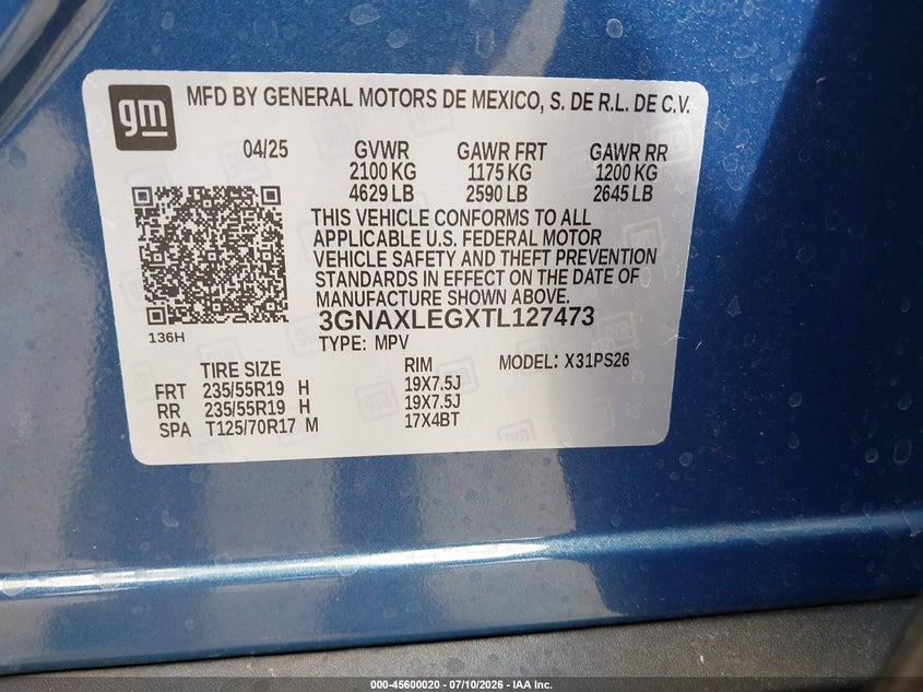 2026 Chevrolet Equinox VIN 3GNAXLEGXTL127473 IAAI salvage auction — REAR END, Rebuildable (Florida), sold $9,700 on 2026-08-20 (photo 9)