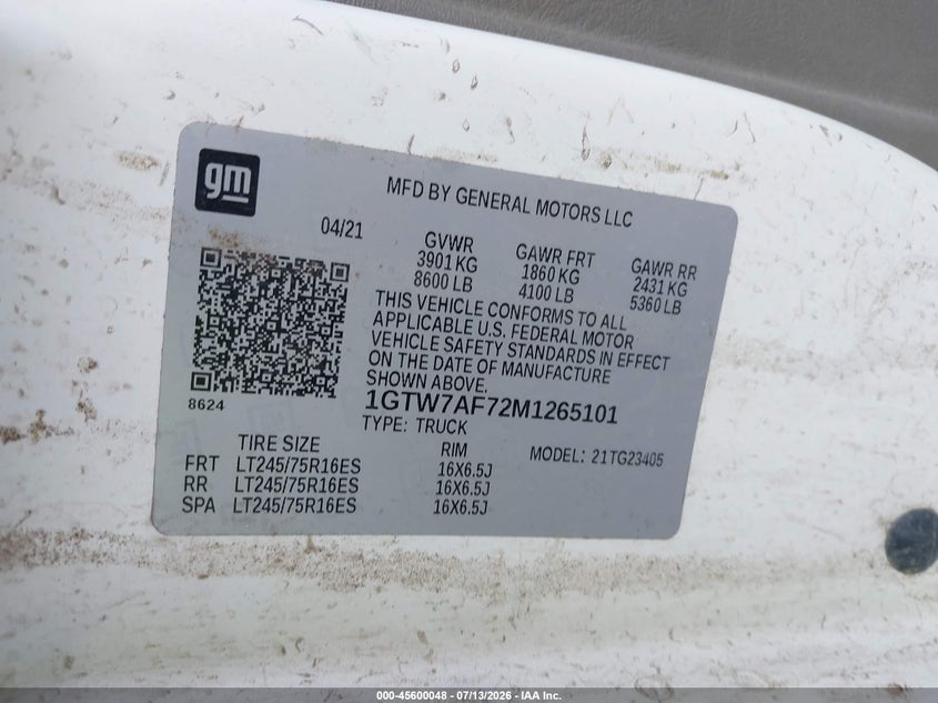2021 Gmc Savana VIN 1GTW7AF72M1265101 IAAI salvage auction — FRONT END, Enterprise Vehicles Clear Only (Texas), sold $11,750 on 2026-07-20 (photo 9)