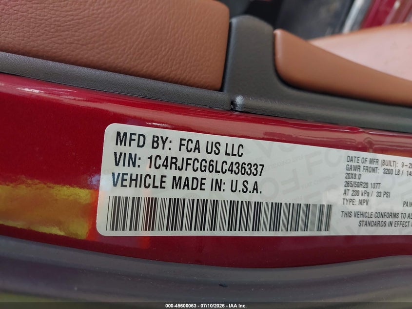 2020 Jeep Grand cherokee VIN 1C4RJFCG6LC436337 IAAI salvage auction — SIDE, Salvage Title, sold $10,300 on 2026-08-01 (photo 9)