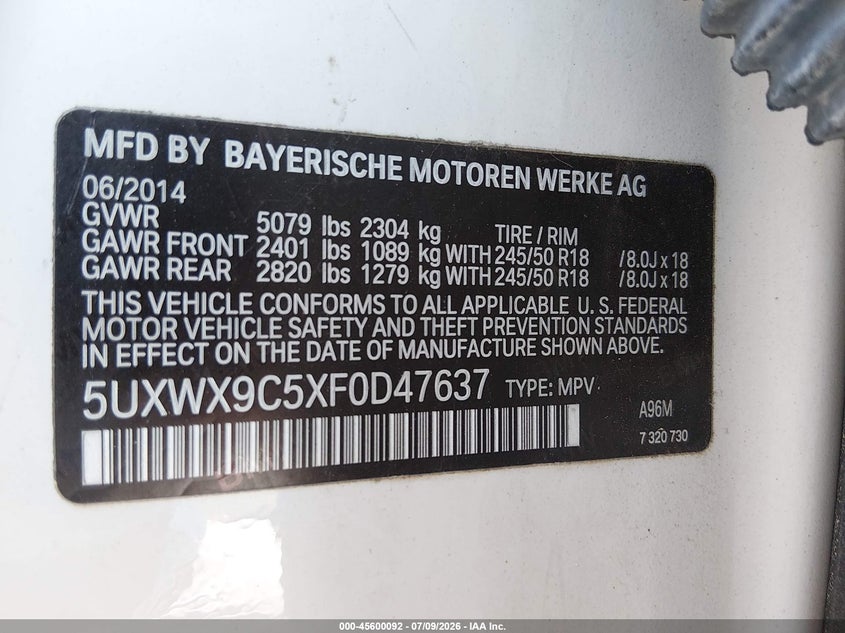 2015 BMW X3 VIN 5UXWX9C5XF0D47637 IAAI salvage auction — NORMAL WEAR, Clear (Massachusetts), sold $925 on 2026-07-21 (photo 9)