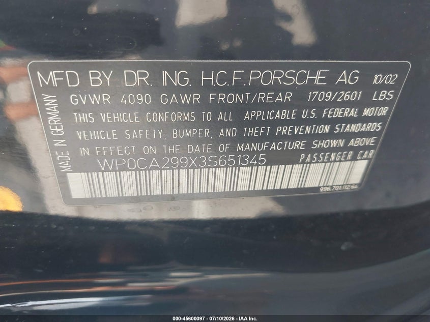 2003 Porsche 911 VIN WP0CA299X3S651345 IAAI salvage auction — UNKNOWN, Clear (Florida), sold $6,550 on 2026-07-29 (photo 9)