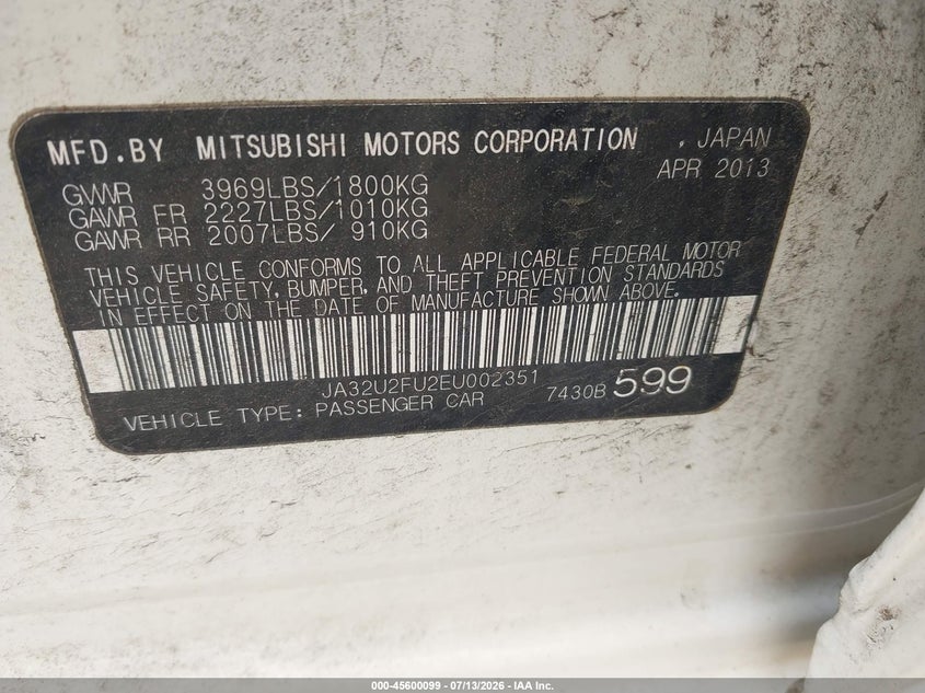 2014 Mitsubishi Lancer VIN JA32U2FU2EU002351 IAAI salvage auction — LEFT FRONT, Mv-907A (New York), sold $450 on 2026-07-23 (photo 9)