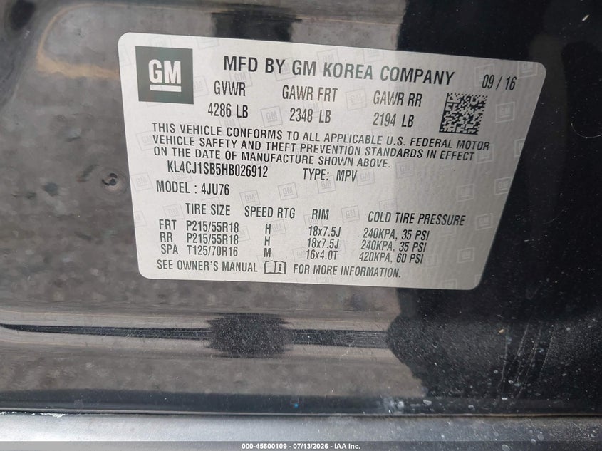 2017 Buick Encore VIN KL4CJ1SB5HB026912 IAAI salvage auction — NORMAL WEAR, Clear (Florida), sold $2,100 on 2026-07-30 (photo 9)