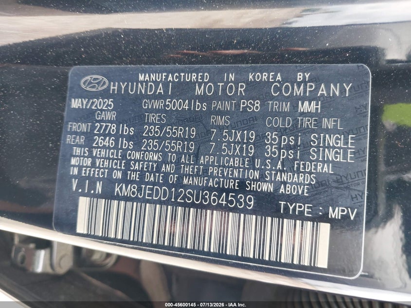 2025 Hyundai Tucson VIN KM8JEDD12SU364539 IAAI salvage auction — WATER/FLOOD, Salvage (Texas), sold $6,600 on 2026-07-29 (photo 9)