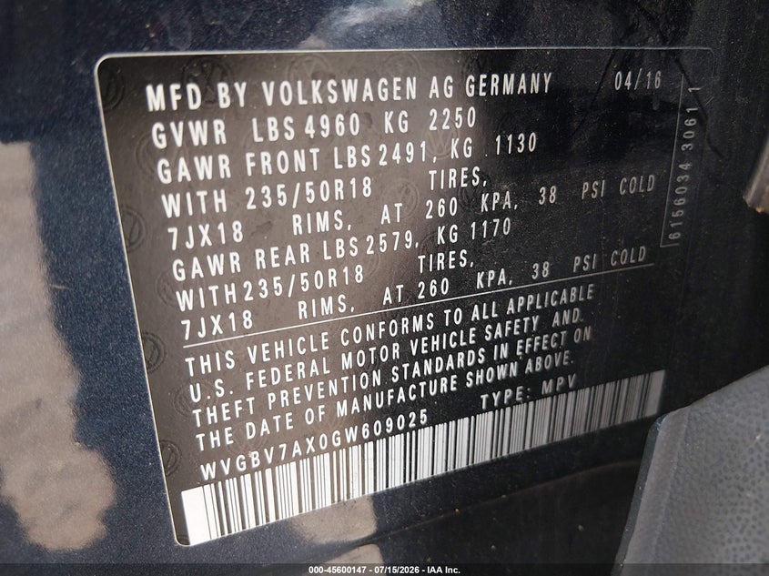 2016 Volkswagen Tiguan VIN WVGBV7AX0GW609025 IAAI salvage auction — NORMAL WEAR, Clear (Maryland), sold $100 on 2026-07-22 (photo 9)