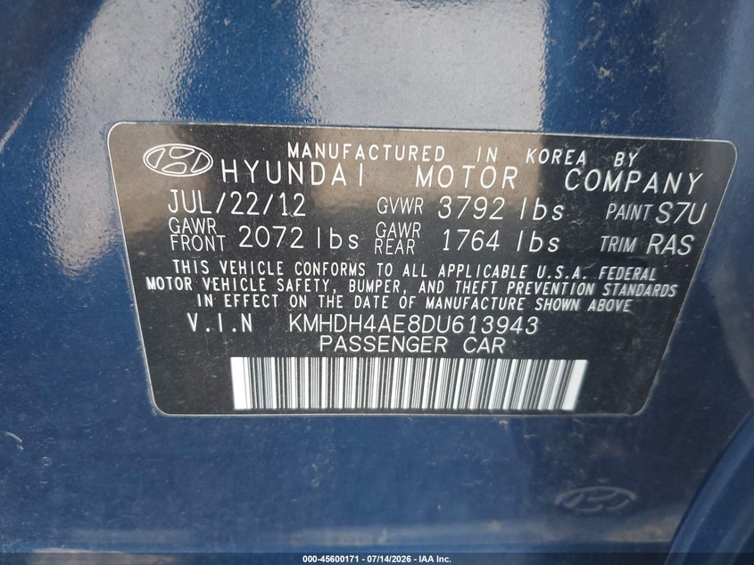 2013 Hyundai Elantra VIN KMHDH4AE8DU613943 IAAI salvage auction — REAR END, Salvage Title, sold $625 on 2026-08-01 (photo 9)