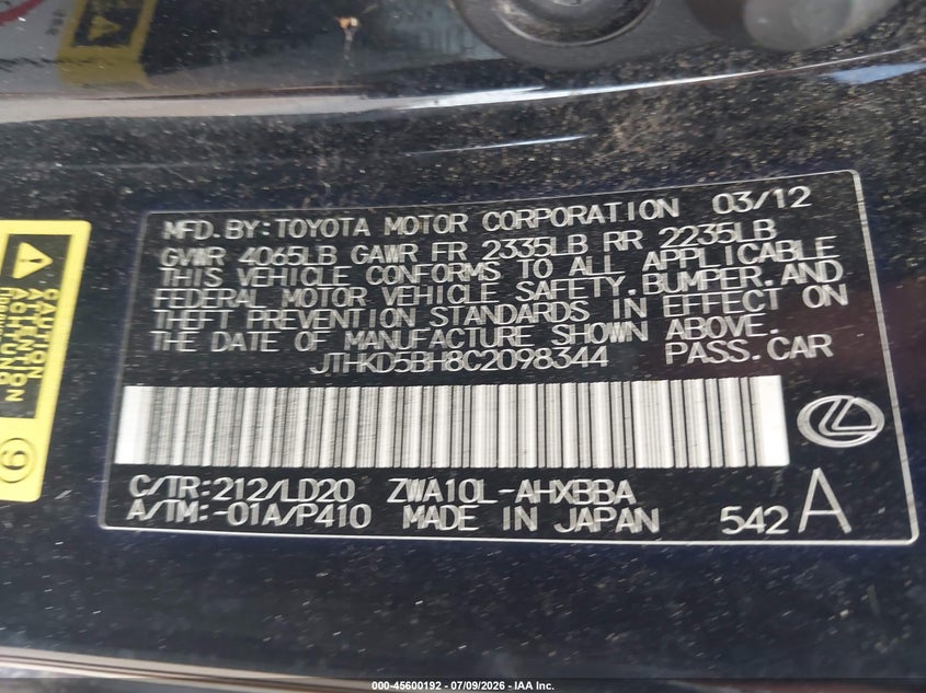 2012 Lexus Ct 200h VIN JTHKD5BH8C2098344 IAAI salvage auction — NORMAL WEAR, Clear (Florida), sold $2,650 on 2026-07-29 (photo 9)