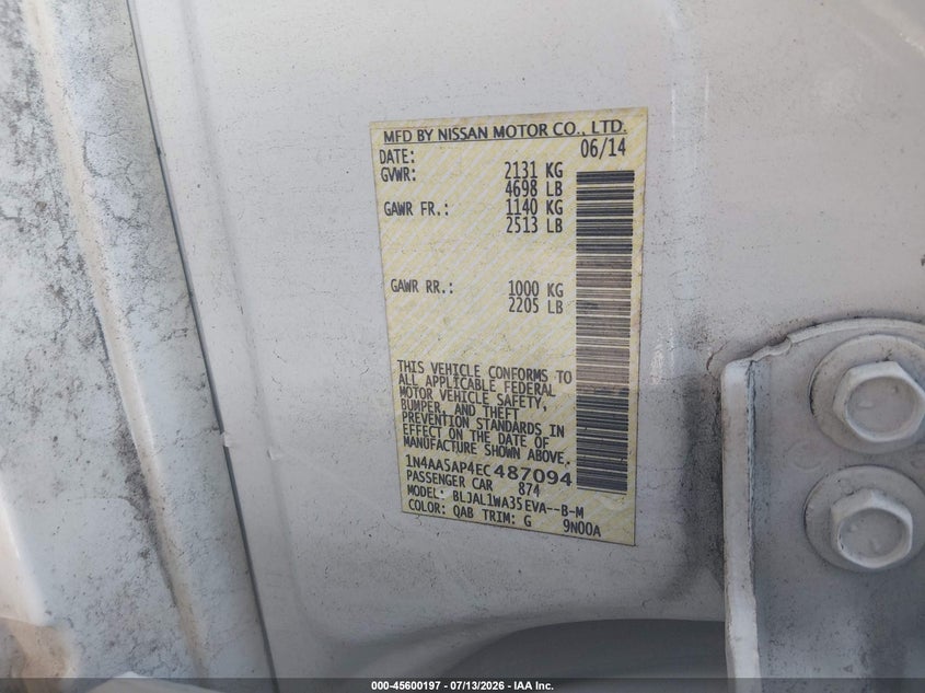 2014 Nissan Maxima VIN 1N4AA5AP4EC487094 IAAI salvage auction — NORMAL WEAR, Original (Texas), sold $1,000 on 2026-07-31 (photo 9)