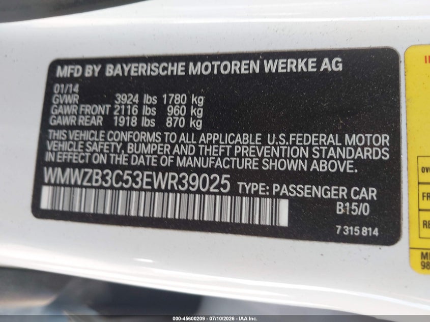 2014 Mini Countryman VIN WMWZB3C53EWR39025 IAAI salvage auction — FRONT & REAR, Salvage Title, sold $775 on 2026-08-05 (photo 9)