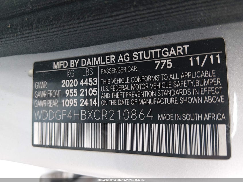 2012 Mercedes-benz C-klasse VIN WDDGF4HBXCR210864 IAAI salvage auction — FRONT END, Salvage Title, sold $600 on 2026-08-19 (photo 9)