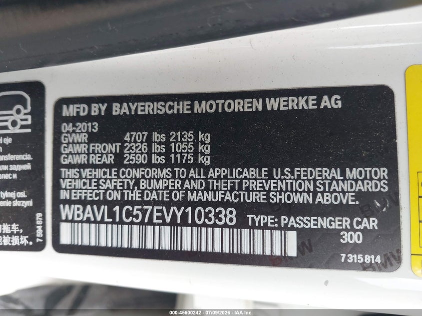 2014 BMW X1 VIN WBAVL1C57EVY10338 IAAI salvage auction — NORMAL WEAR, Clear (Pennsylvania), sold $550 on 2026-07-31 (photo 9)