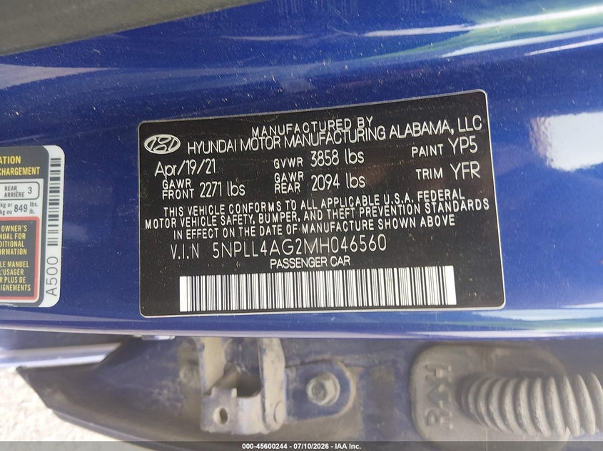 2021 Hyundai Elantra VIN 5NPLL4AG2MH046560 IAAI salvage auction — REAR END, Sf97 (New York), sold $6,125 on 2026-08-20 (photo 9)