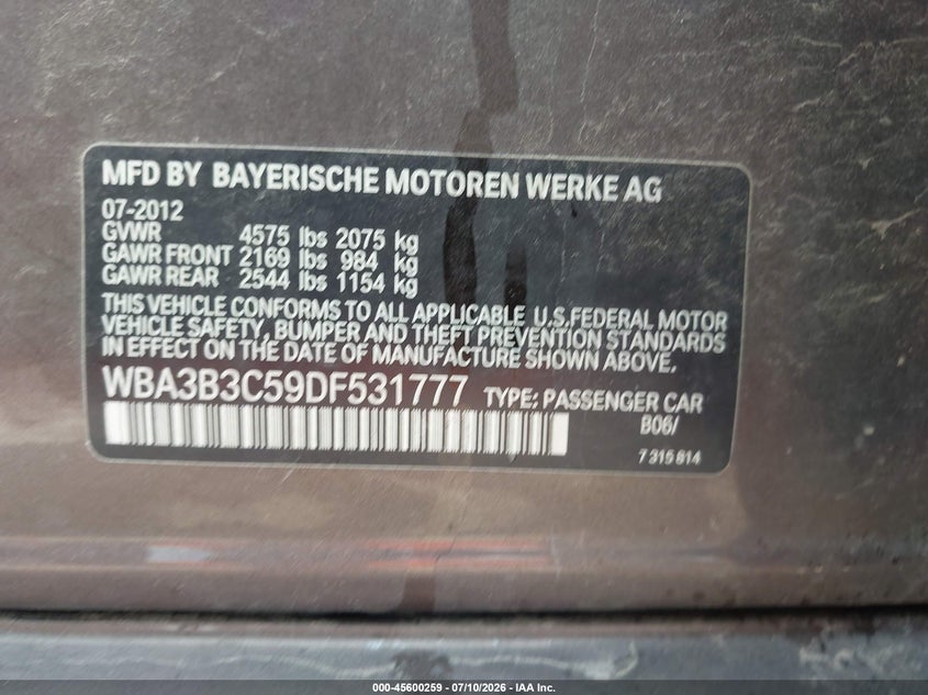 2013 BMW 3er VIN WBA3B3C59DF531777 IAAI salvage auction — FRONT END, Salvage Title, sold $300 on 2026-08-03 (photo 9)