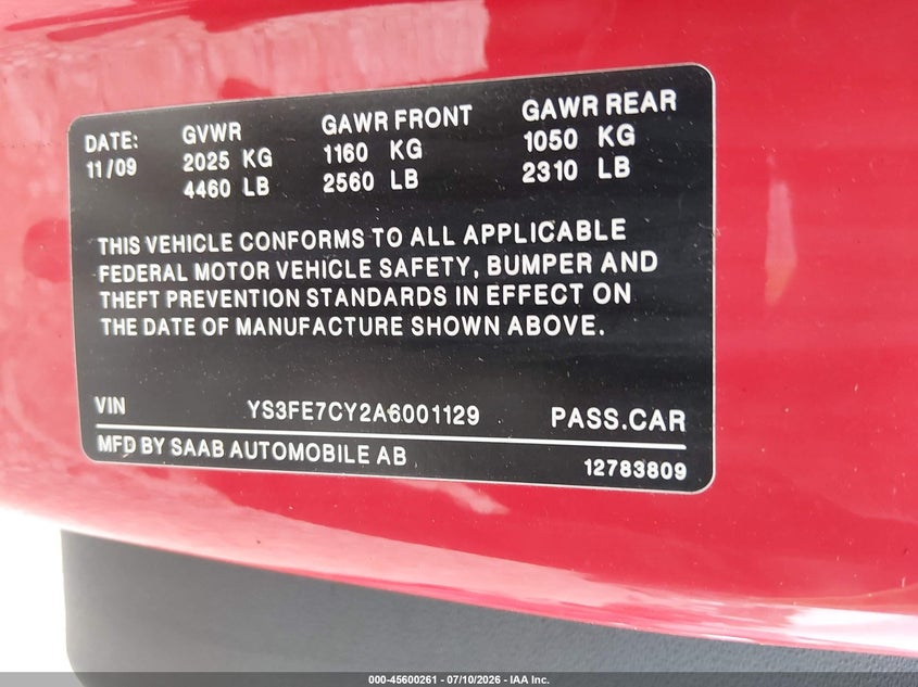 2010 Saab 9-3 VIN YS3FE7CY2A6001129 IAAI salvage auction — REAR END, Salvage (Ohio), sold $25 on 2026-08-05 (photo 9)
