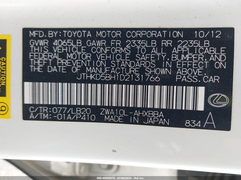 2013 Lexus VIN JTHKD5BH1D2131766 IAAI salvage auction — RIGHT REAR, Salvage Title, sold $4,100 on 2026-07-15 (photo 9)