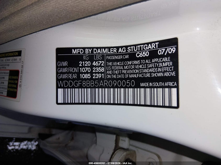 2010 Mercedes-benz C class VIN WDDGF8BB5AR090050 IAAI salvage auction — FRONT END, Salvage (Idaho), sold $875 on 2026-08-13 (photo 9)