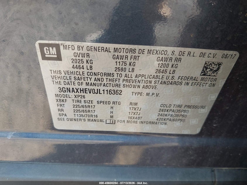 2018 Chevrolet Equinox VIN 3GNAXHEV0JL116362 IAAI salvage auction — FRONT END, Salvage - Greater Than 75% (Maryland), sold $1,950 on 2026-07-25 (photo 9)