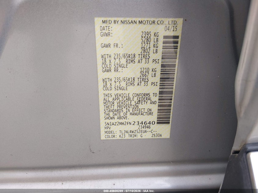 2015 Nissan Murano VIN 5N1AZ2MH2FN234640 IAAI salvage auction — NORMAL WEAR, Salvage Title, sold $775 on 2026-07-31 (photo 9)