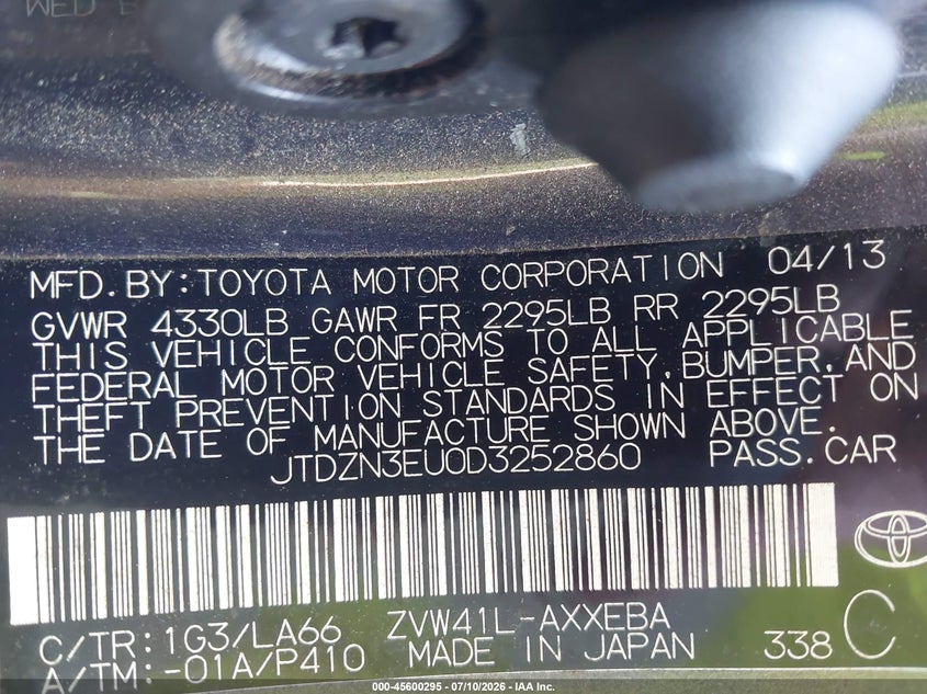 2013 Toyota Prius v VIN JTDZN3EU0D3252860 IAAI salvage auction — NORMAL WEAR, Clear (North Carolina), sold $2,550 on 2026-07-15 (photo 9)