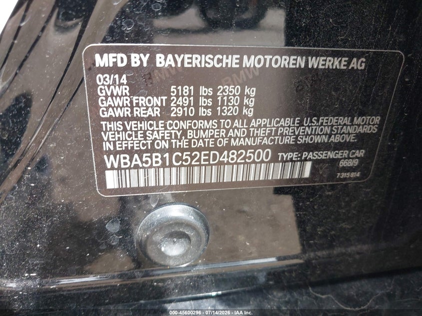 2014 BMW 5er VIN WBA5B1C52ED482500 IAAI salvage auction — FRONT END, Original (Texas), sold $25 on 2026-08-14 (photo 9)