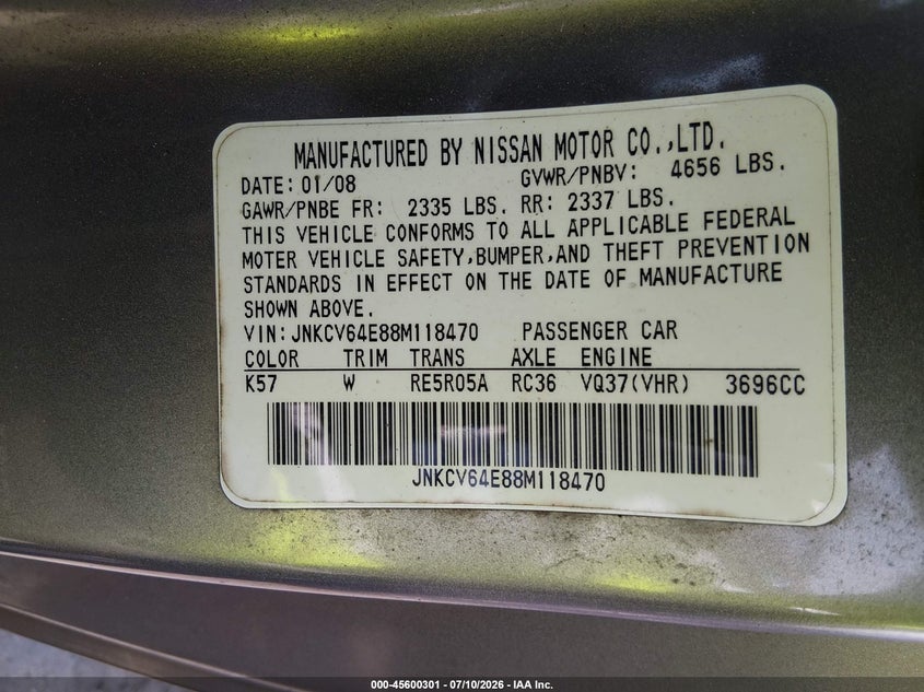 2008 Infiniti G37 VIN JNKCV64E88M118470 IAAI salvage auction — NORMAL WEAR, Clear-Dealer Only (North Carolina), sold $500 on 2026-07-29 (photo 9)
