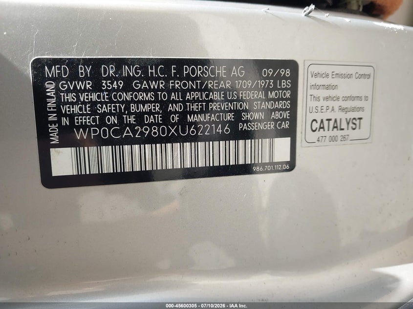 1999 Porsche Boxster VIN WP0CA2980XU622146 IAAI salvage auction — NORMAL WEAR, Clear (North Carolina), sold $475 on 2026-07-30 (photo 9)