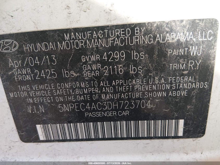 2013 Hyundai Sonata VIN 5NPEC4AC3DH723704 IAAI salvage auction — NORMAL WEAR, Original (Ohio), sold $25 on 2026-07-29 (photo 9)