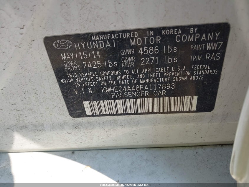 2014 Hyundai Sonata VIN KMHEC4A48EA117893 IAAI salvage auction — NORMAL WEAR, Clear (Illinois), sold $625 on 2026-07-28 (photo 9)