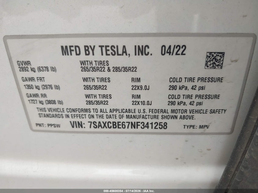 2022 Tesla Model x VIN 7SAXCBE67NF341258 IAAI salvage auction — HAIL, Wait Title, sold $33,250 on 2026-09-17 (photo 9)