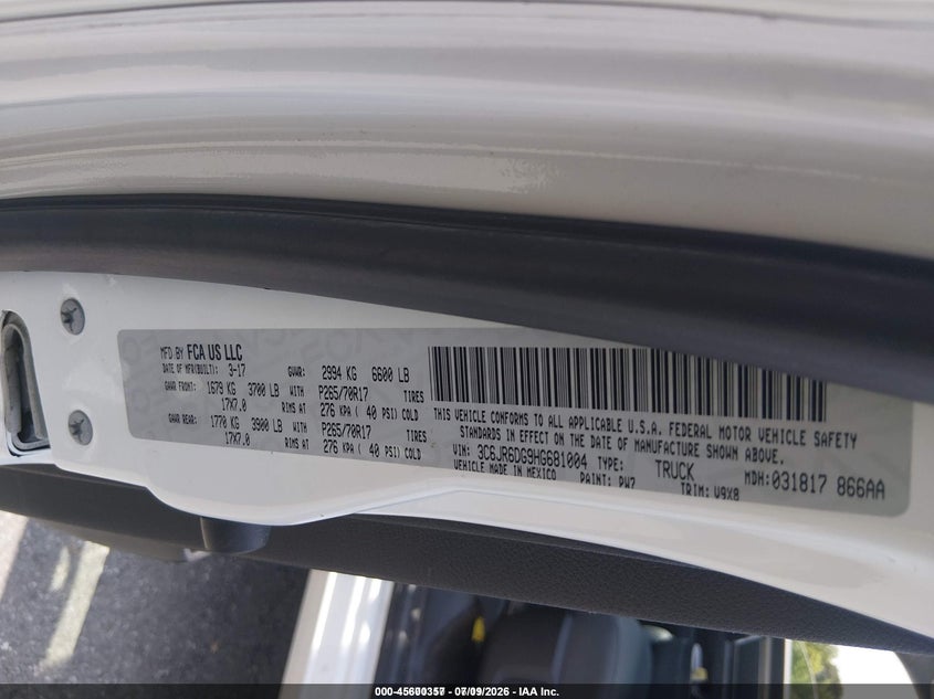 2017 Ram 1500 VIN 3C6JR6DG9HG681004 IAAI salvage auction — NORMAL WEAR, Sf97 (Maryland), sold $2,050 on 2026-08-18 (photo 9)
