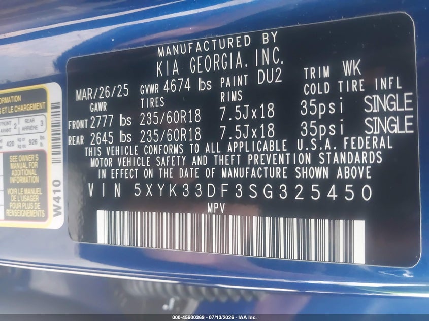 2025 Kia Sportage VIN 5XYK33DF3SG325450 IAAI salvage auction — FRONT END, Salvage Title, sold $10,500 on 2026-08-22 (photo 9)
