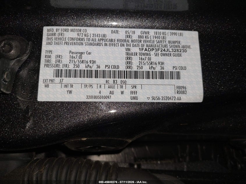 2018 Ford Focus VIN 1FADP3F24JL328230 IAAI salvage auction — NORMAL WEAR, Sf97 (New York), sold $9,700 on 2026-08-20 (photo 9)