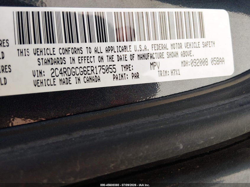 2014 Dodge VIN 2C4RDGCG6ER175055 IAAI salvage auction — NORMAL WEAR, Salvage Title, sold $475 on 2026-08-03 (photo 9)