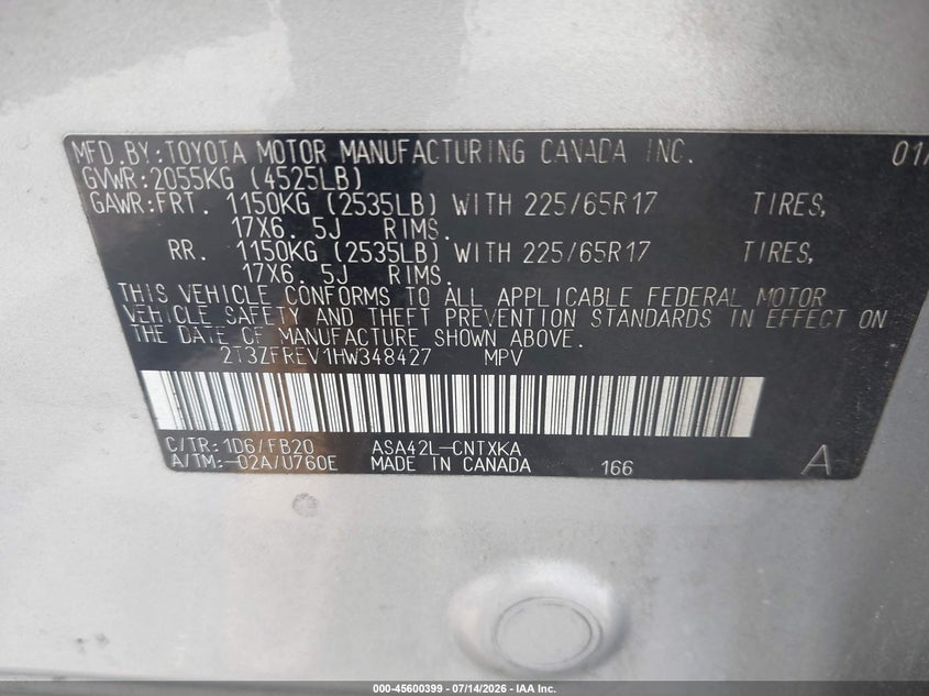 2017 Toyota Rav 4 VIN 2T3ZFREV1HW348427 IAAI salvage auction — LEFT SIDE, Salvage (North Carolina), sold $5,300 on 2026-08-01 (photo 9)