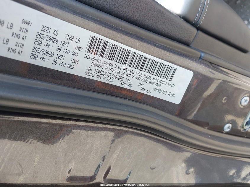 2020 Dodge Durango VIN 1C4SDJCT2LC161686 IAAI salvage auction — FRONT & REAR, Salvage Title, sold $1,400 on 2026-08-23 (photo 9)