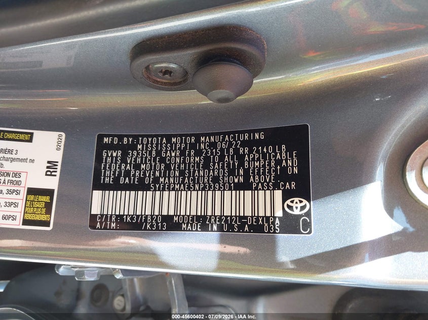 2022 Toyota Corolla VIN 5YFEPMAE5NP339501 IAAI salvage auction — REAR END, Salvage Title, sold $6,000 on 2026-07-29 (photo 9)