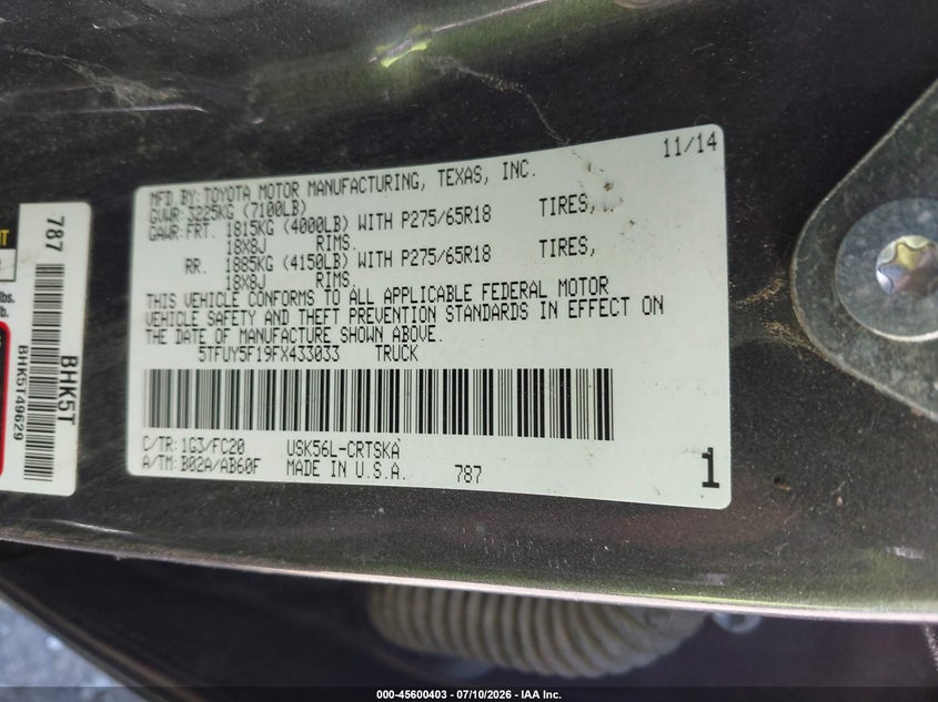 2015 Toyota Tundra VIN 5TFUY5F19FX433033 IAAI salvage auction — ROLLOVER, Salvage Title, sold $2,950 on 2026-07-22 (photo 9)