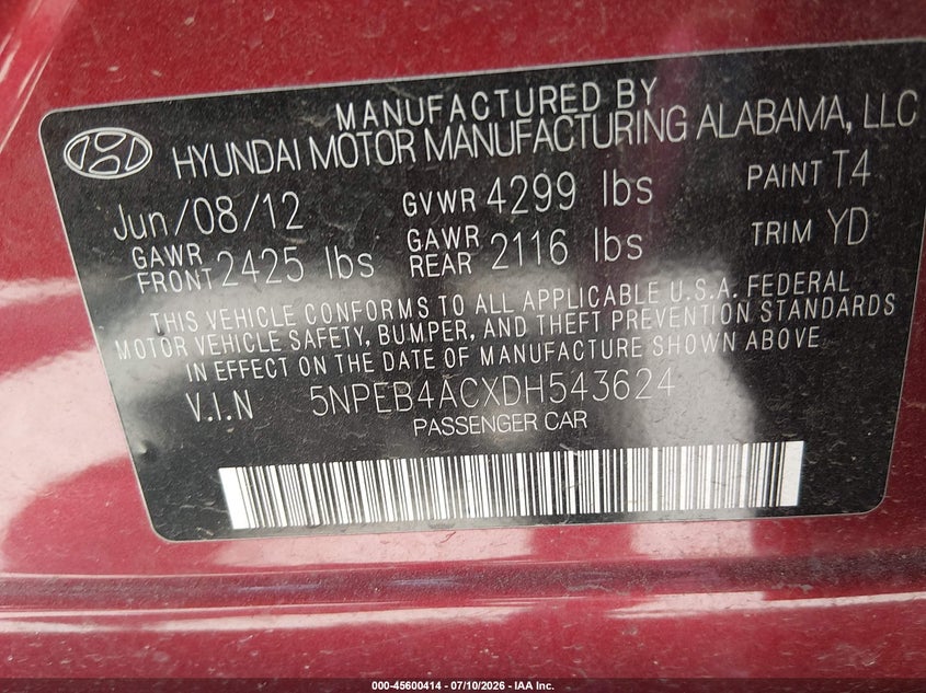 2013 Hyundai Sonata VIN 5NPEB4ACXDH543624 IAAI salvage auction — NORMAL WEAR, Original (Texas), sold $250 on 2026-07-28 (photo 9)