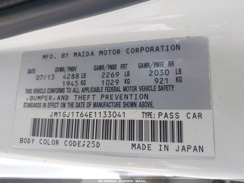 2014 Mazda VIN JM1GJ1T64E1133041 IAAI salvage auction — FRONT END, Salvage Title, sold $1,350 on 2026-07-29 (photo 9)