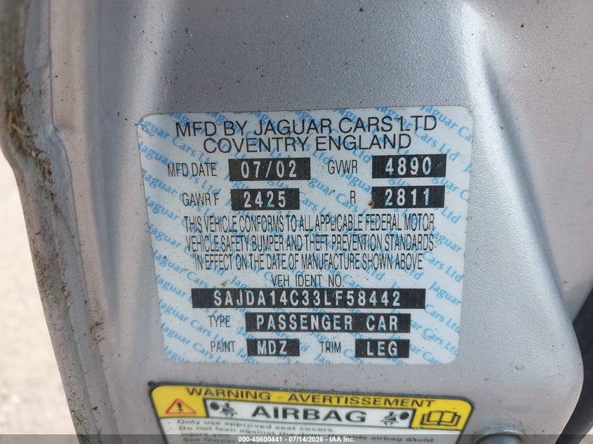 2003 Jaguar Xj series VIN SAJDA14C33LF58442 IAAI salvage auction — NORMAL WEAR, Clear (Pennsylvania), sold $25 on 2026-07-21 (photo 9)