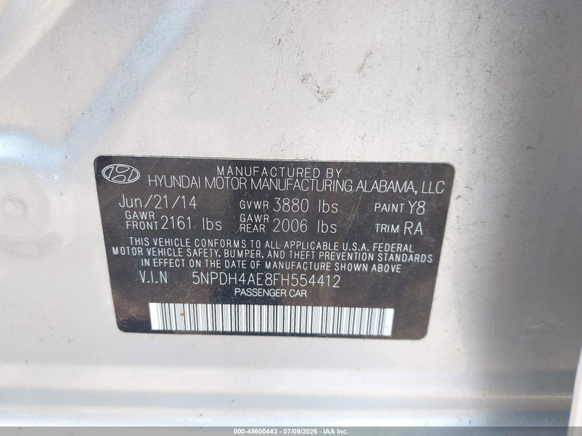 2015 Hyundai Elantra VIN 5NPDH4AE8FH554412 IAAI salvage auction — NORMAL WEAR, Salvage Title, sold $925 on 2026-07-28 (photo 9)