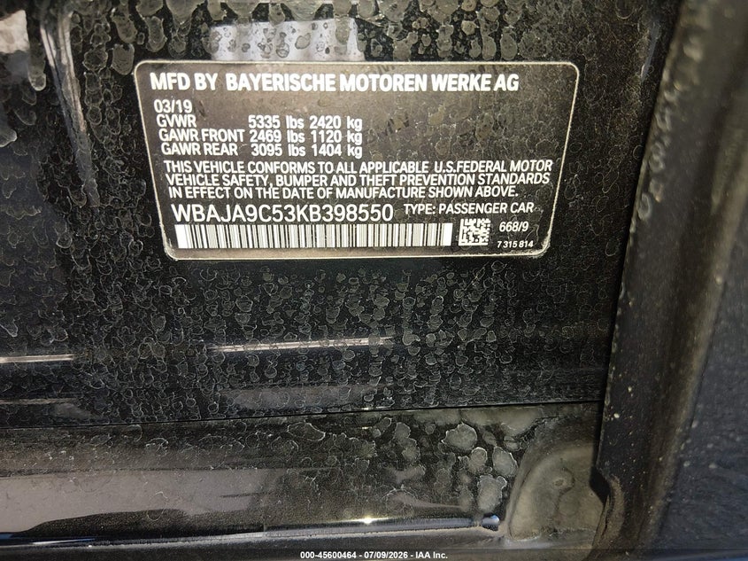 2019 BMW VIN WBAJA9C53KB398550 IAAI salvage auction — FRONT END, Salvage Title, sold $10,650 on 2026-07-20 (photo 9)